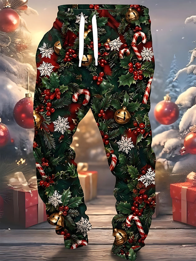 Adaychic Men's Pants - Christmas Holly Leaves Berries Candy Canes Bells And Snowflakes Print
