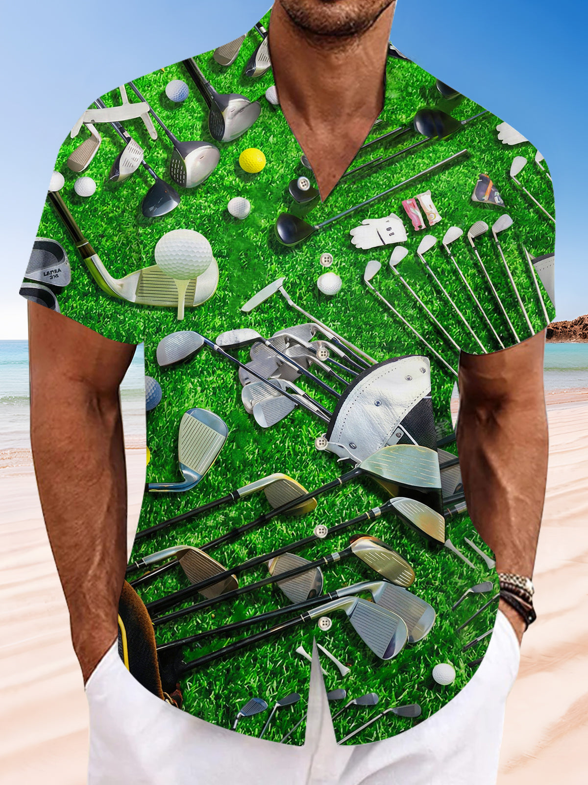 Men's green short sleeve sports print shirt front view