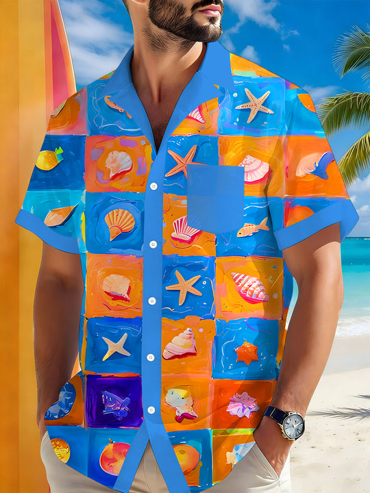 Men's colorful ocean mosaic Hawaiian short sleeve shirt front view for tropical beach vacation