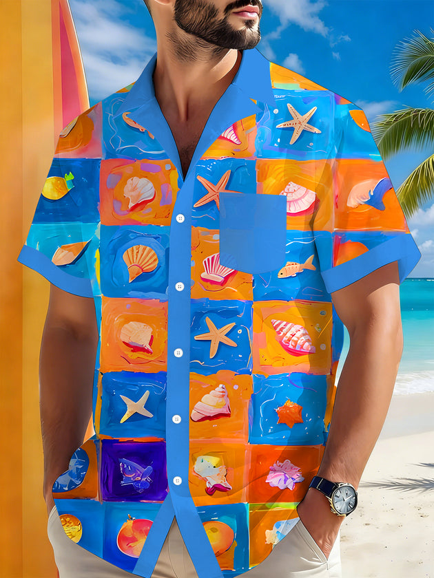 Men's colorful ocean mosaic Hawaiian short sleeve shirt front view for tropical beach vacation