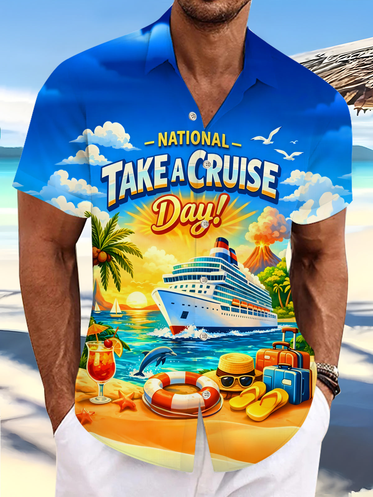 Men's tropical Hawaiian short sleeve shirt front view for beach vacation