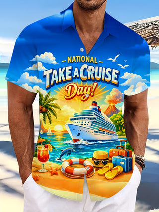 Men's tropical Hawaiian short sleeve shirt front view for beach vacation