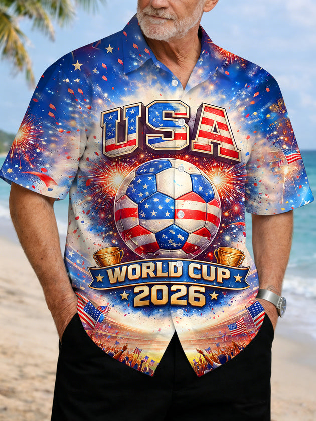 Holiday 2026 World Cup Theme Tournament Celebration Vibe Dynamic Soccer Graphic Print Men's Pocket Short Sleeve Shirts