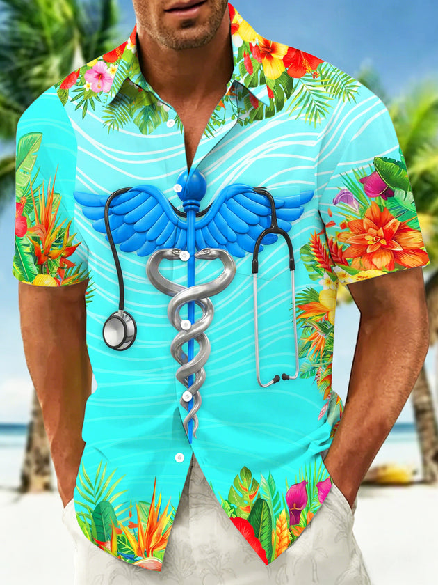 Men's Hawaiian floral short sleeve shirt front view tropical beach vacation