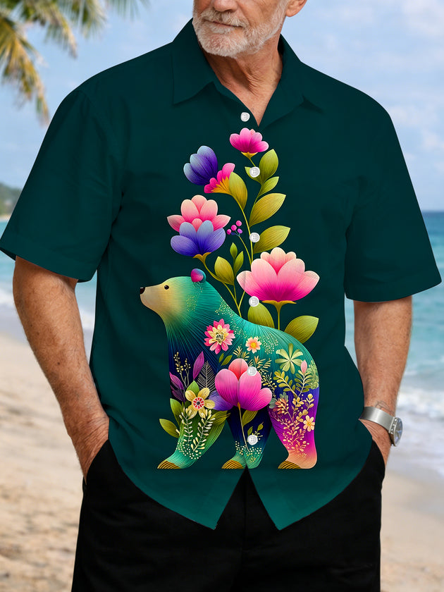 Men's floral Hawaiian short sleeve shirt front view for tropical beach vacation