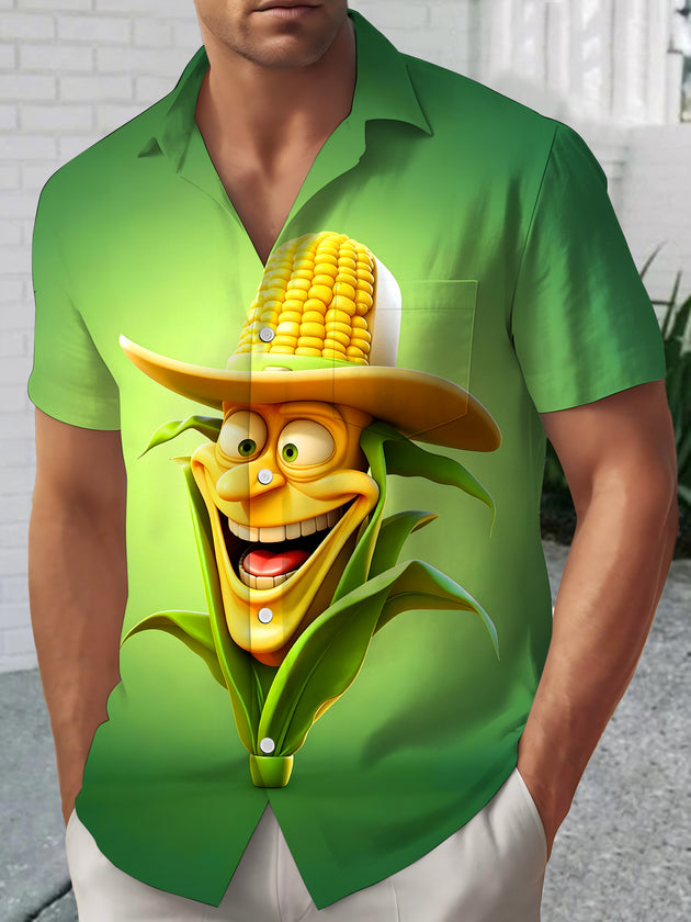 Men's cartoon corn cowboy pocket short sleeve shirt front view
