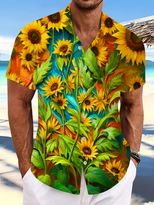 Men's Hawaiian floral short sleeve shirt front view for tropical beach vacation