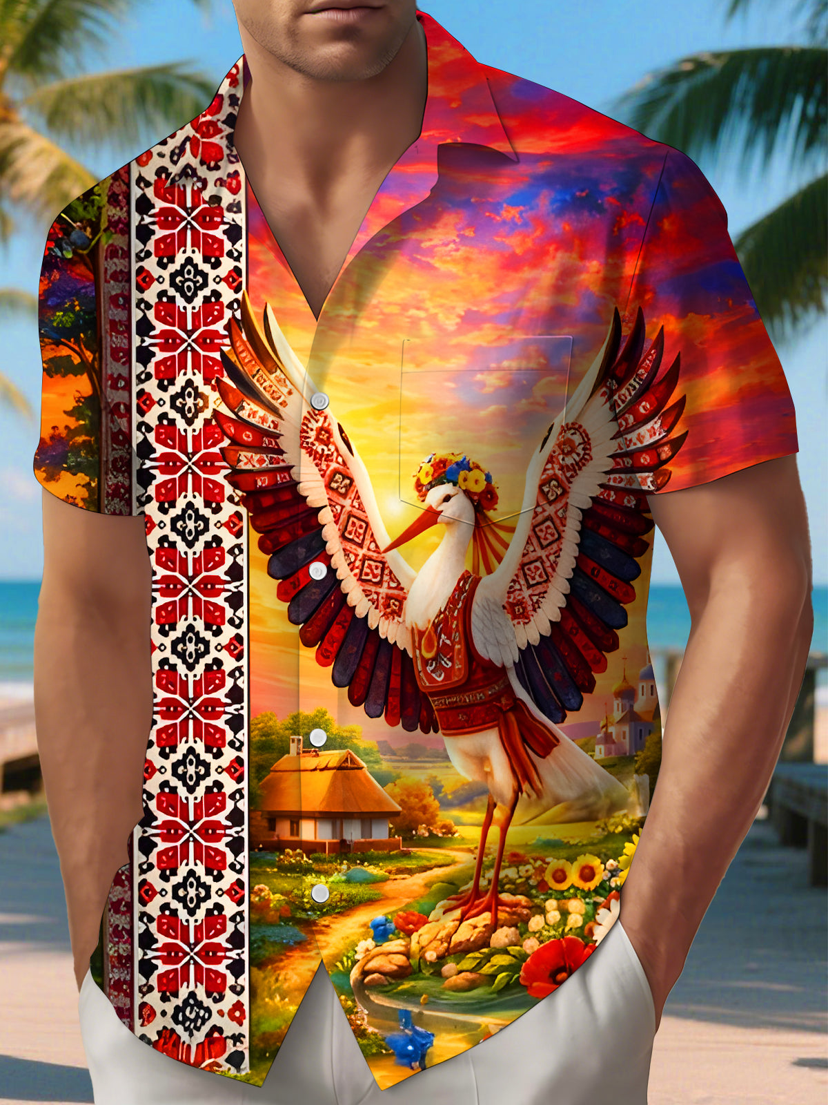 Men's Hawaiian stork countryside scenery pocket short sleeve shirt front view for tropical beach vacation