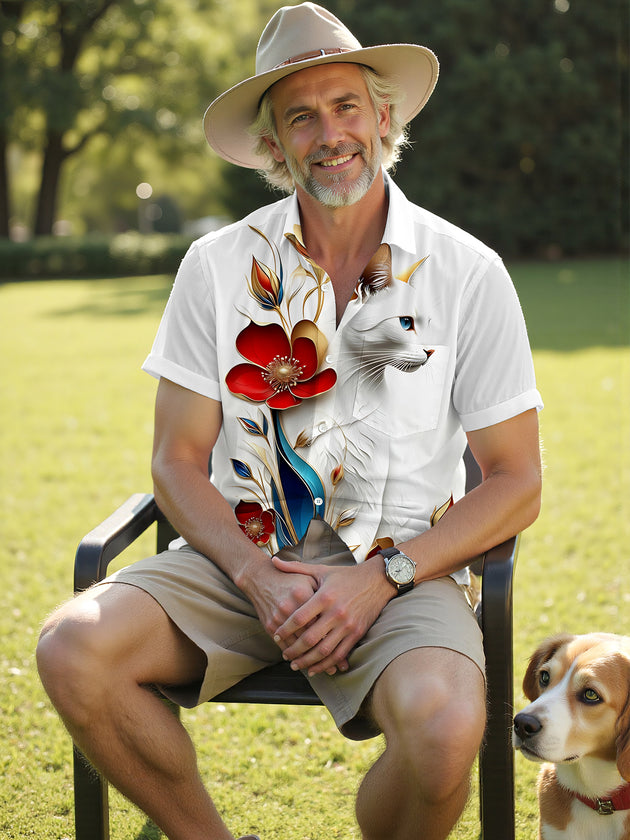 Cat Floral Print Men's Pocket Short Sleeve Shirts