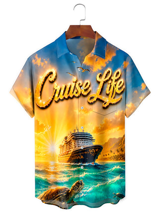 Hawaiian Cruise Life Sunset Turtle Men's Pocket Short Sleeve Shirts