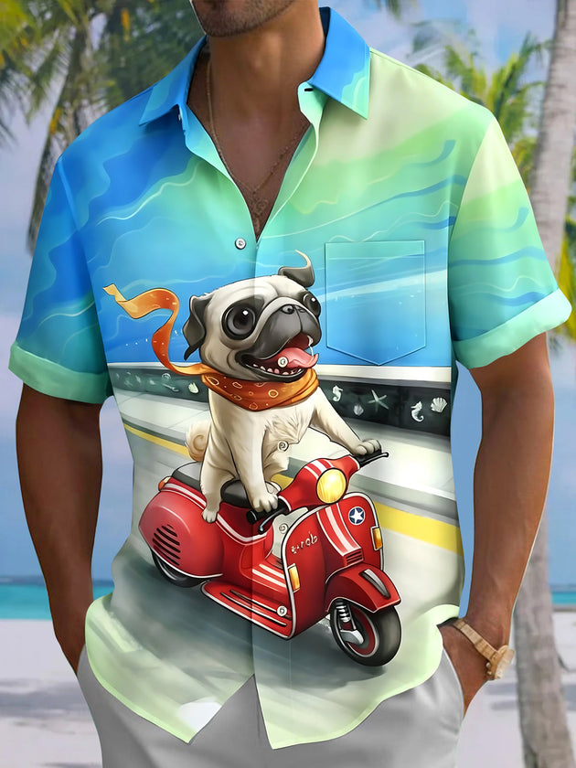 Funny Dog Riding A Motorcycle Men's Pocket Short Sleeve Shirts