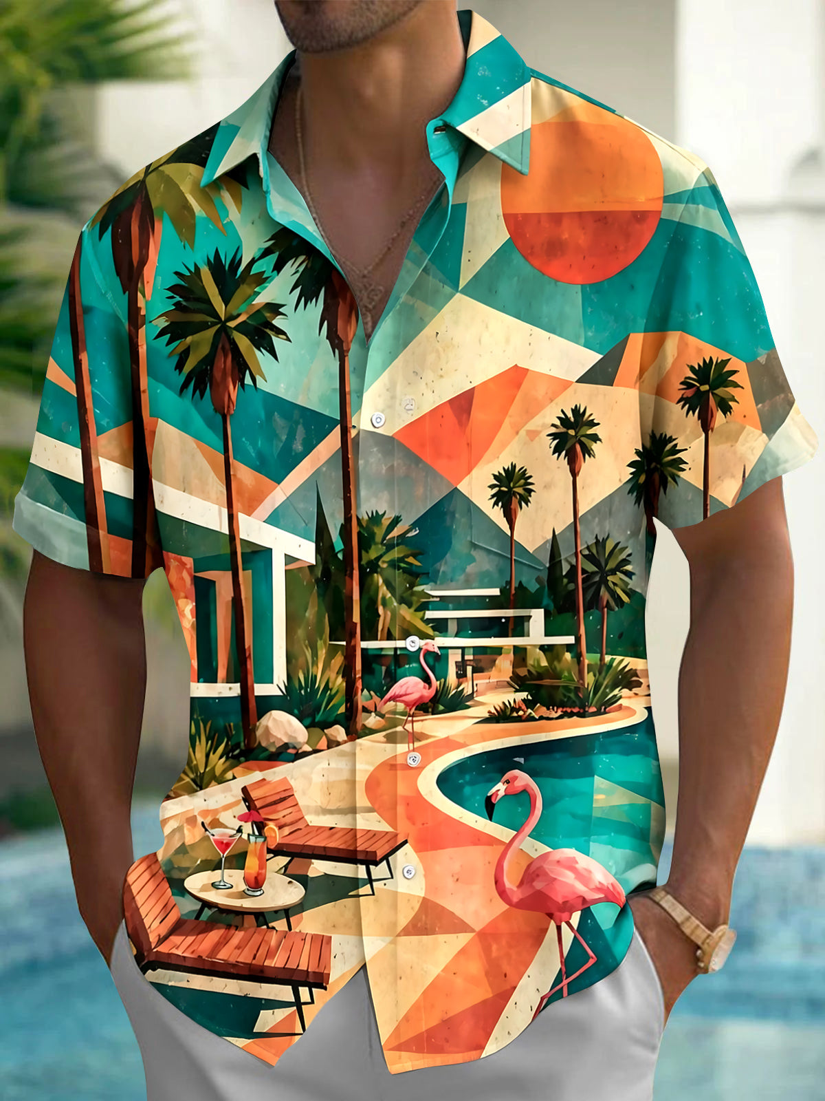 Vintage Coconut Tree Flamingo Men's Pocket Short Sleeve Shirts