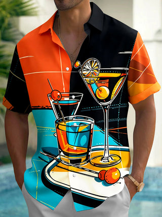 Adaychic Men's Cocktail Drink Graphic Print Short Sleeve Button Down Shirt with Chest Pocket