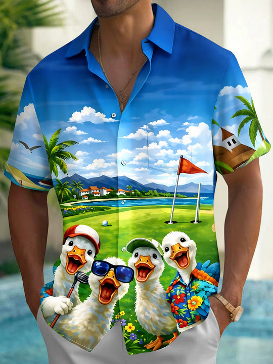 Funny Duck Playing Golf Men's Pocket Short Sleeve Shirts