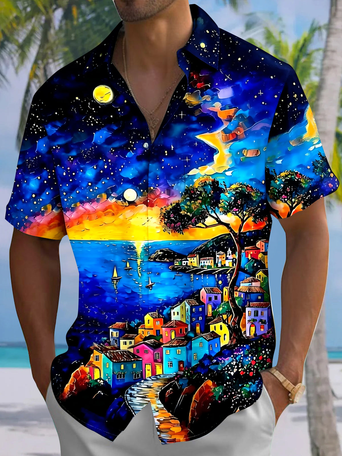 Oil Painting Men's Pocket Short Sleeve Shirts