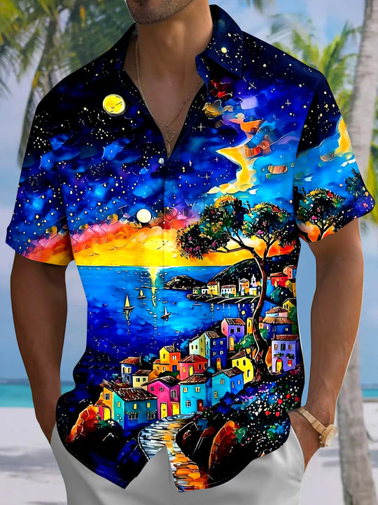 Oil Painting Men's Pocket Short Sleeve Shirts