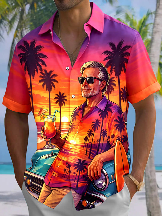 Vacation Car Travel Coconut Tree Men's Pocket Short Sleeve Shirts