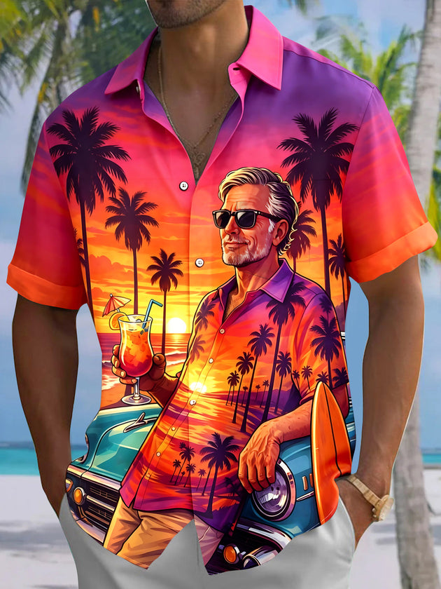 Vacation Car Travel Coconut Tree Men's Pocket Short Sleeve Shirts