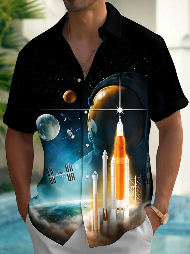 Space Rocket Astronaut Men's Pocket Short Sleeve Shirts