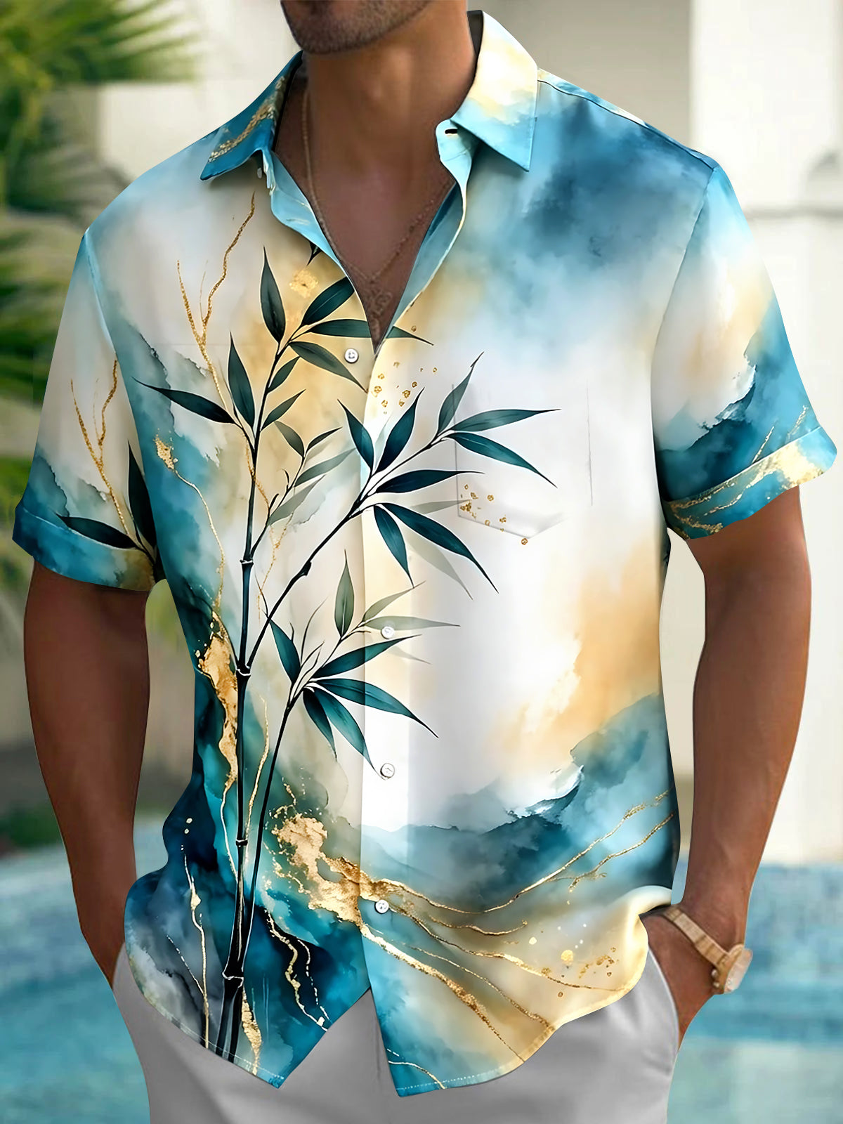 Bamboo Leaf Men's Pocket Short Sleeve Shirts