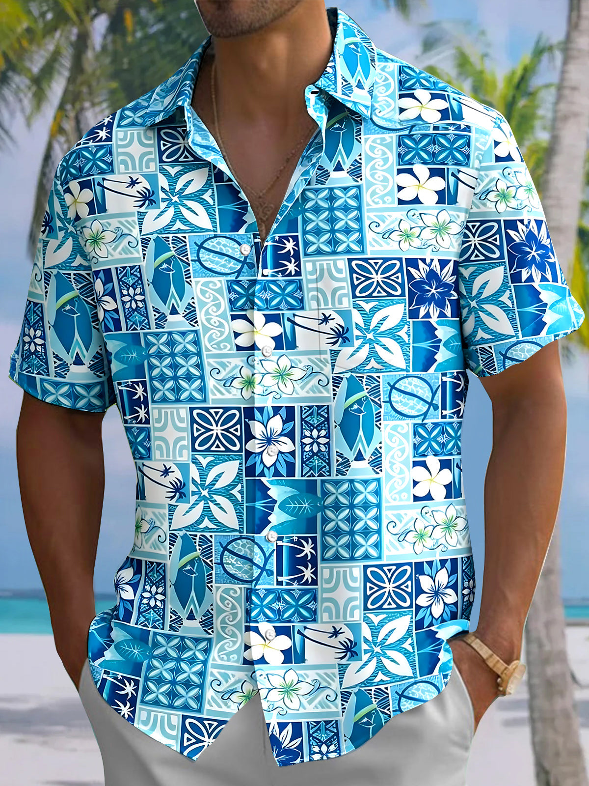 Hawaiian Floral Men's Pocket Short Sleeve Shirts