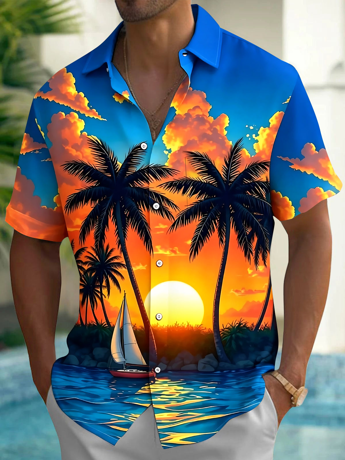 Hawaiian Coconut Trees Sunset Men's Pocket Short Sleeve Shirts
