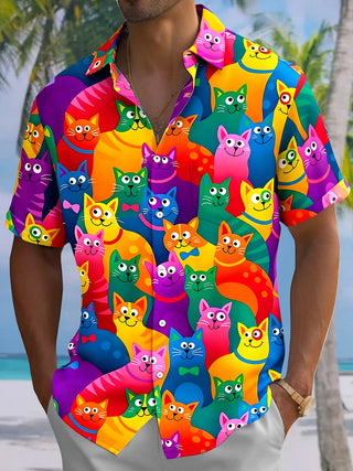 Adaychic Men's Hawaiian Colorful Cartoon Cat Print Short Sleeve Button Down Shirt with Chest Pocket