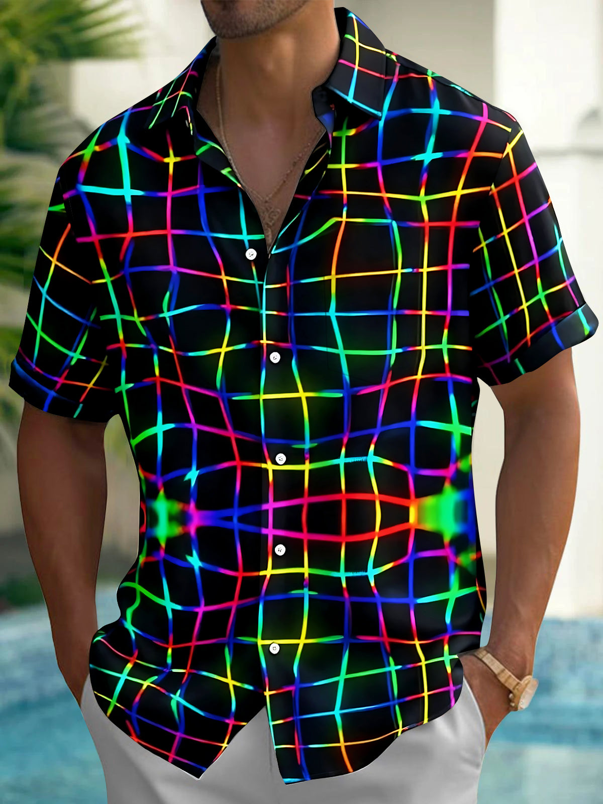 Colorful Lines Men's Pocket Short Sleeve Shirts