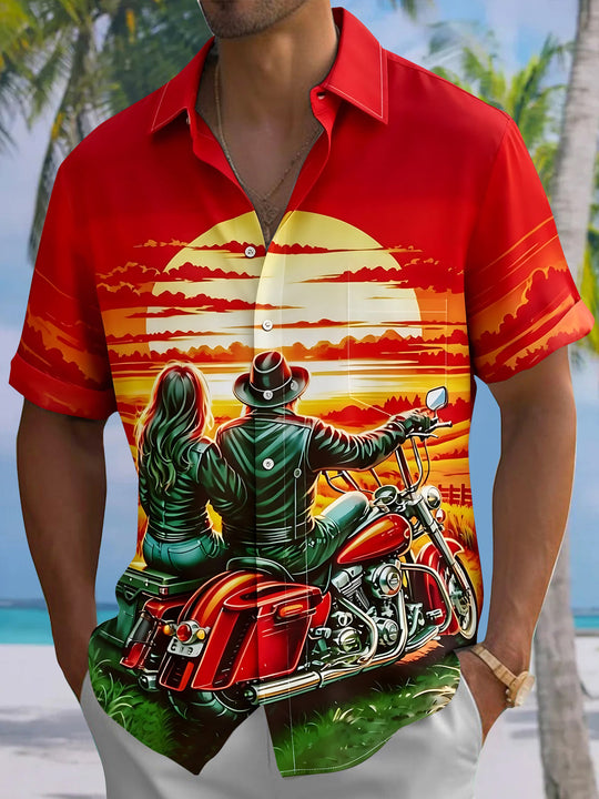 Vintage Motorcycle Sunset Men's Pocket Short Sleeve Shirts