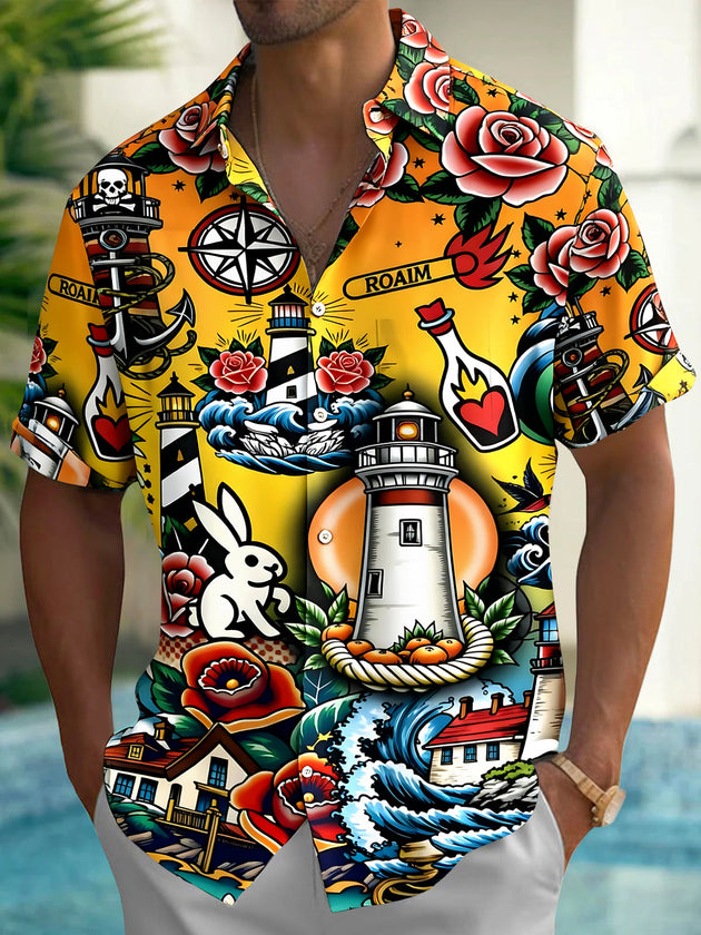 Vintage Lighthouse Rabbit Men's Pocket Short Sleeve Shirts