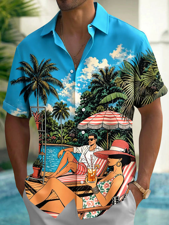 Vintage Poolside Vacation Men's Pocket Short Sleeve Shirts