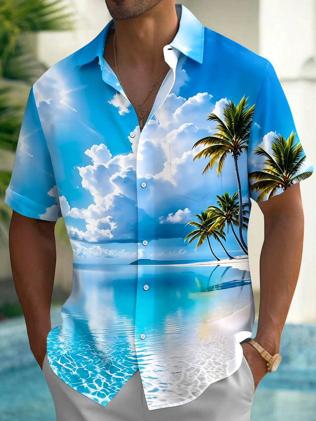 Hawaiian Ocean Coconut Tree Men's Pocket Short Sleeve Shirts