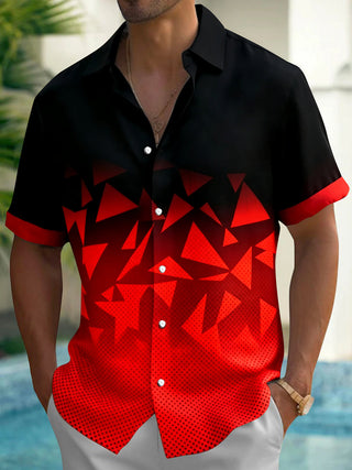 Adaychic Men's Graphic Black Red Geometric Triangle Print Short Sleeve Button Down Shirt with Chest Pocket