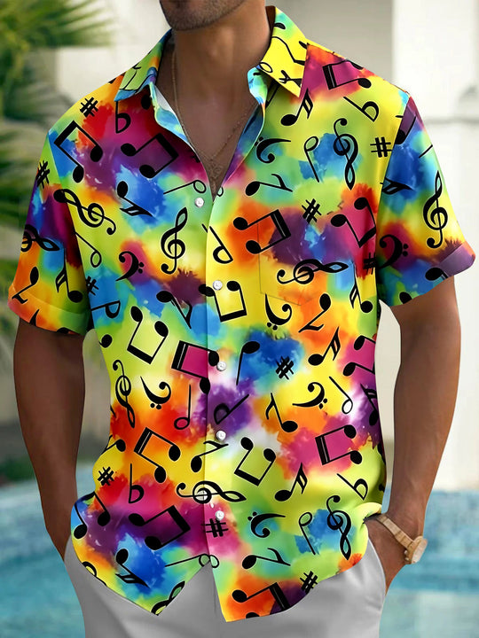 Tie Dye Musical Note Men's Pocket Short Sleeve Shirts