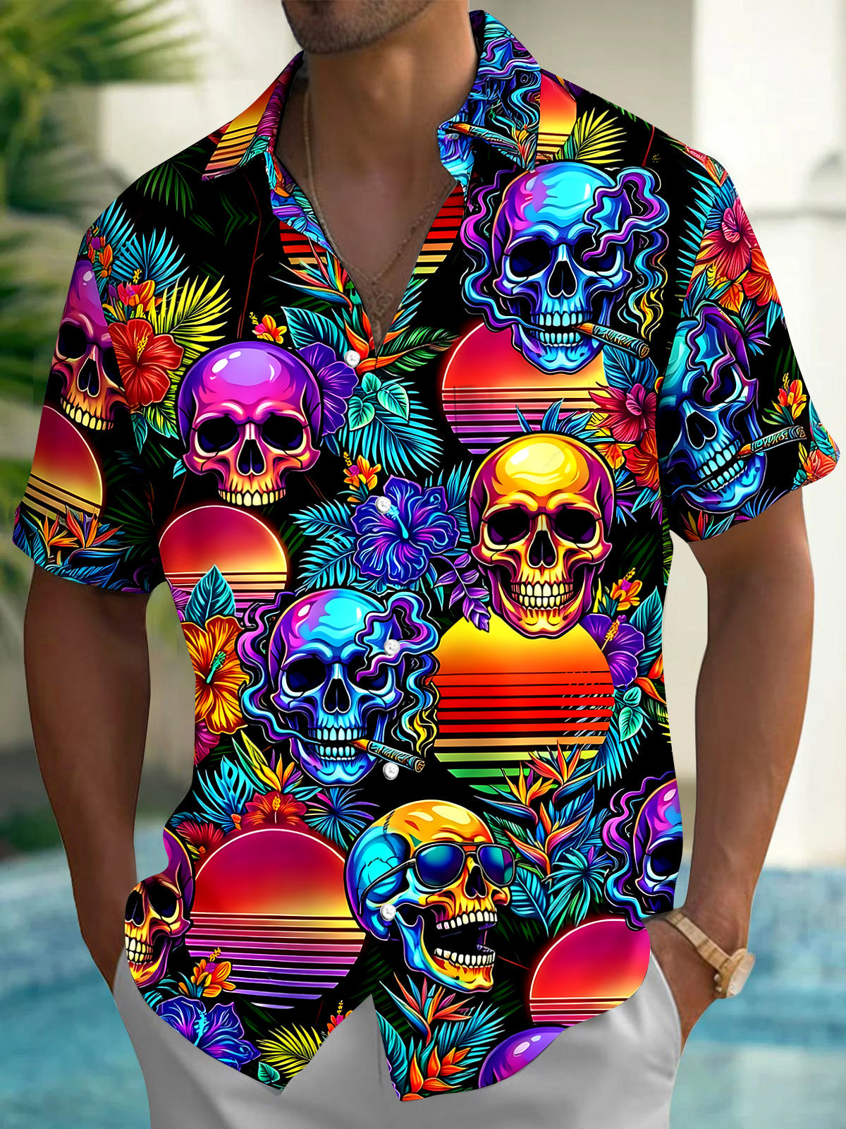 Hawaiian Skull Sunset Men's Pocket Short Sleeve Shirts