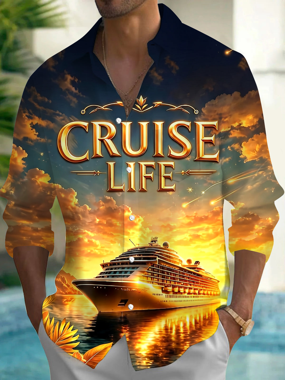 Hawaiian Cruise Life Sunset Men's Pocket Long Sleeve Shirts