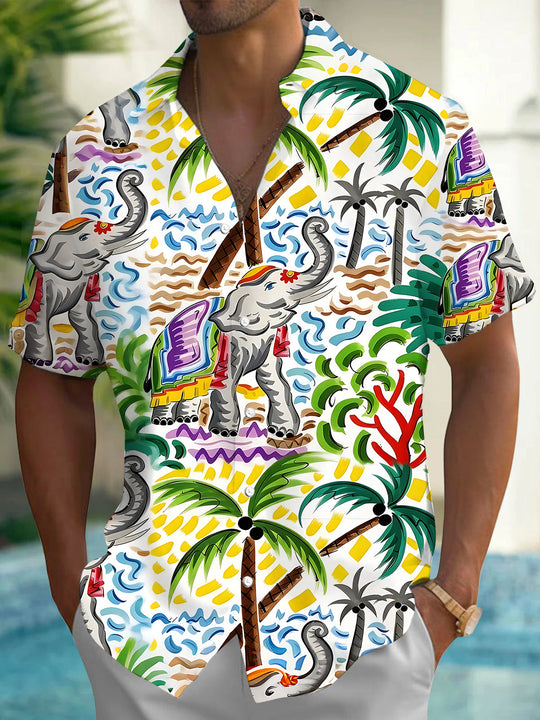 Hawaiian Coconut Tree Elephant Men's Pocket Short Sleeve Shirts