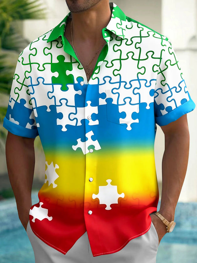 Colorful Jigsaw Puzzle Men's Pocket Short Sleeve Shirts
