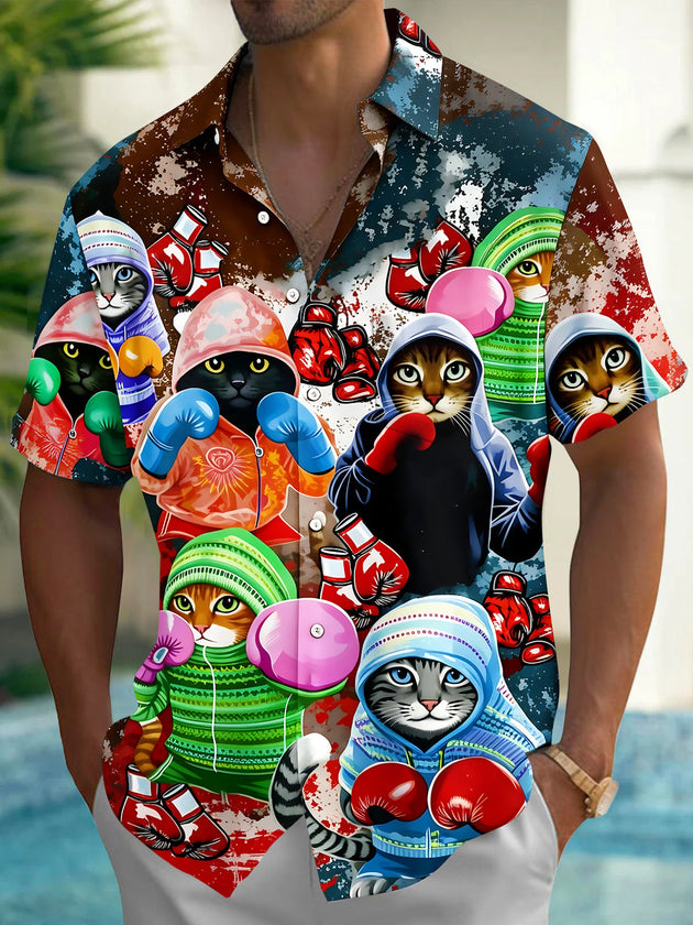 Funny Boxing Cat Men's Pocket Short Sleeve Shirts