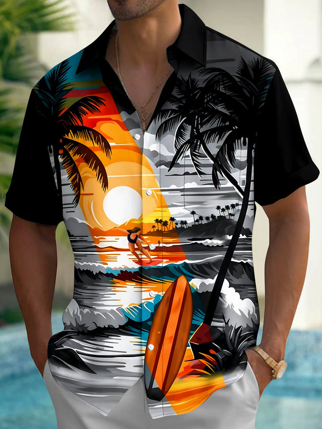 Hawaiian Coconut Tree Surfing Men's Pocket Short Sleeve Shirts