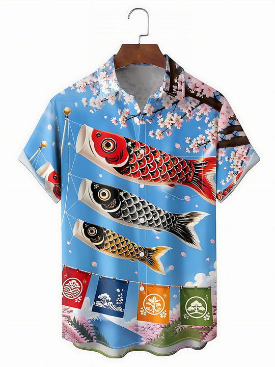 Perch Flag Cherry Blossoms Men's Pocket Short Sleeve Shirts