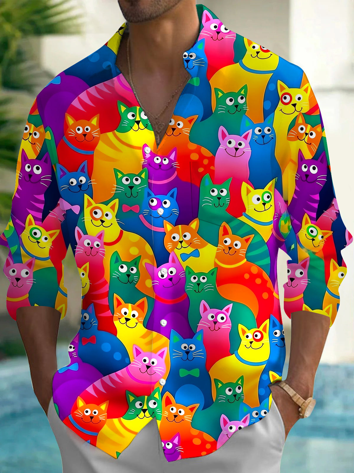 Funny Cat Men's Pocket Long Sleeve Shirts