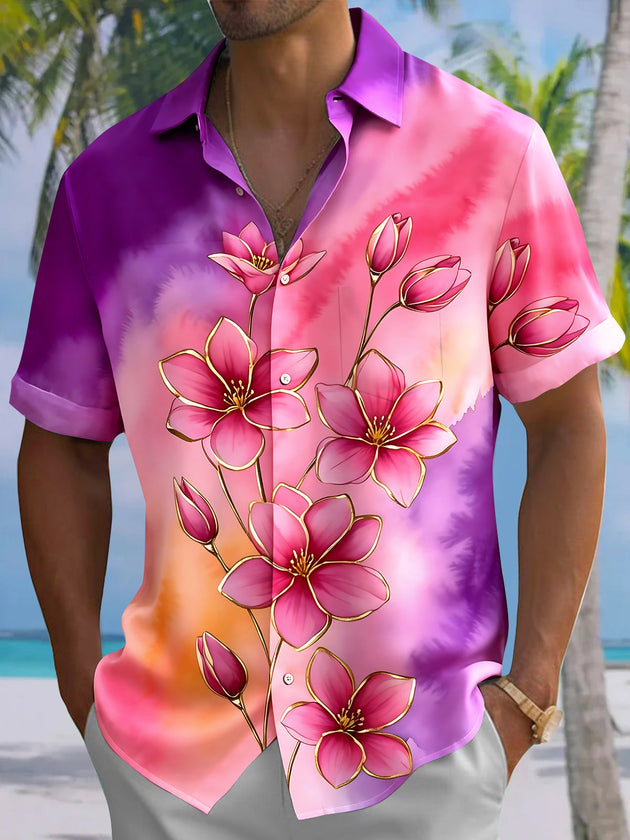 Tie Dye Floral Men's Pocket Short Sleeve Shirts
