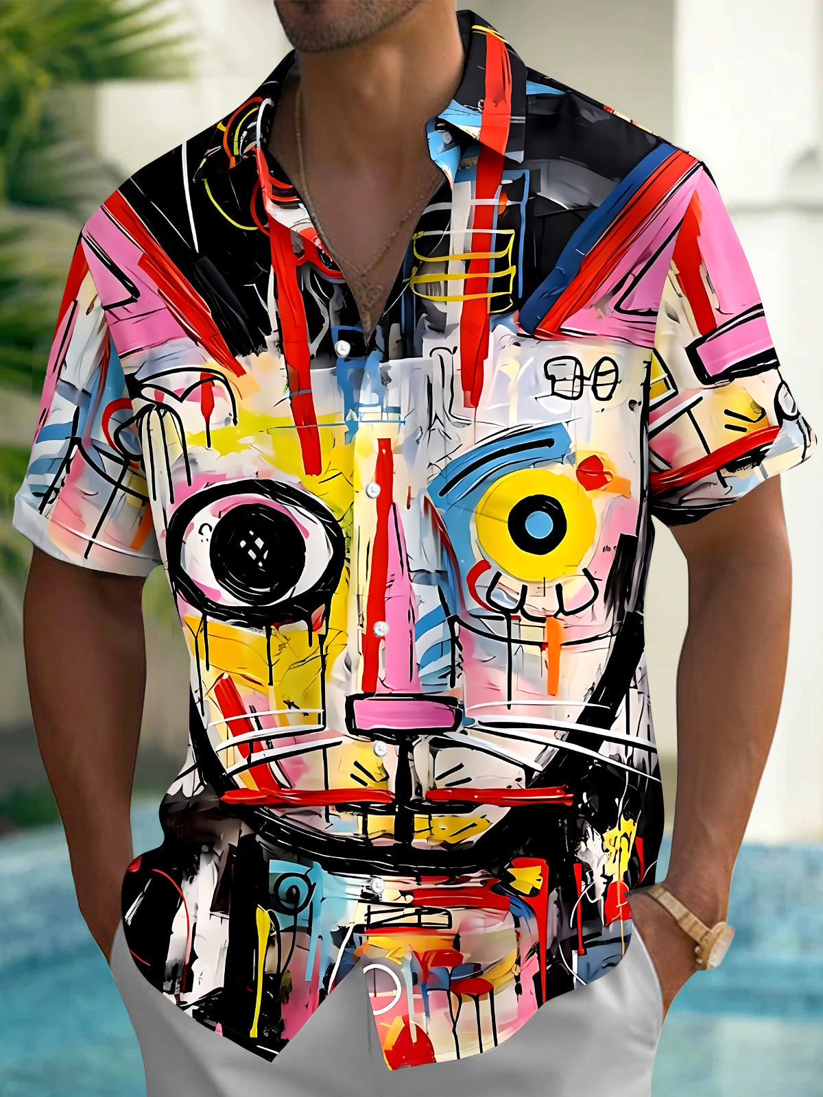 Tie Dye Cat Men's Pocket Short Sleeve Shirts