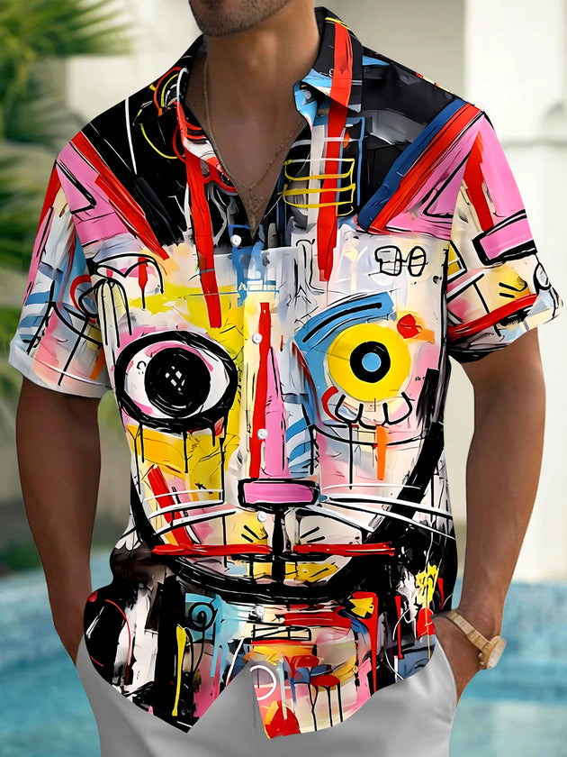 Tie Dye Cat Men's Pocket Short Sleeve Shirts