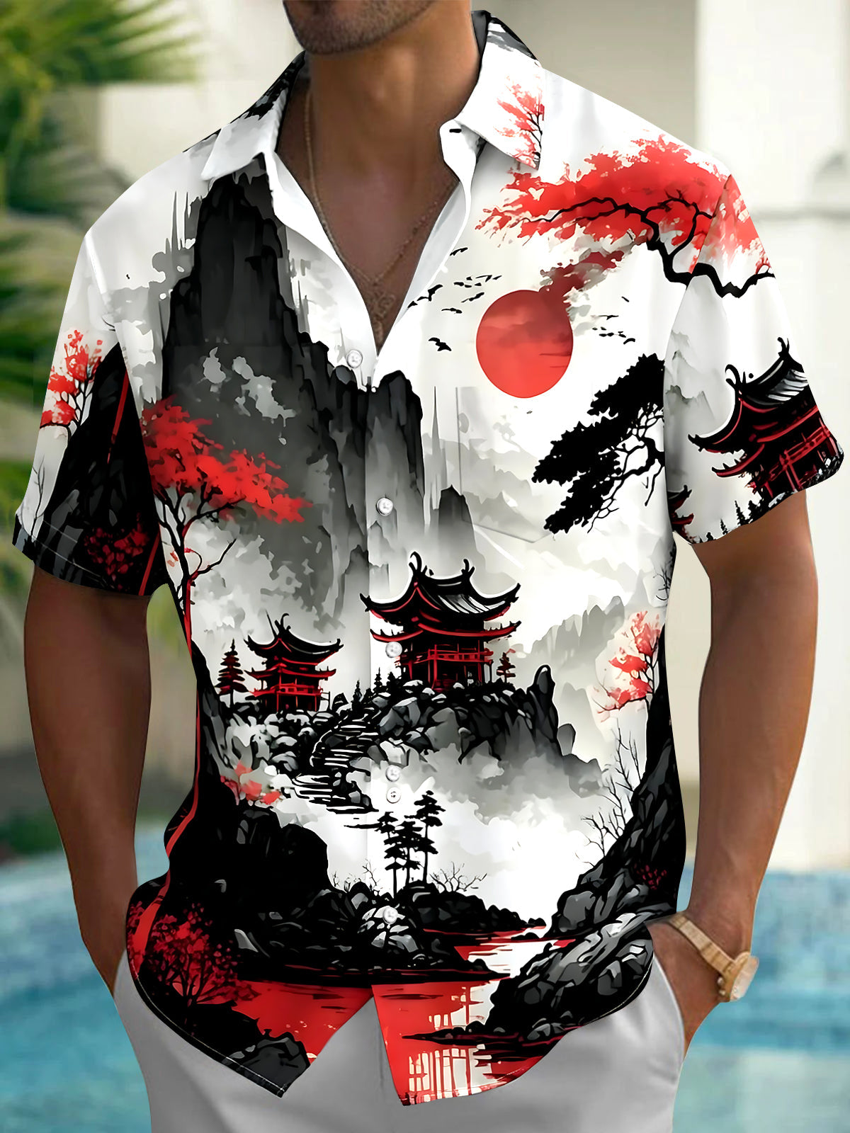 Chinese Style Courtyard Men's Pocket Short Sleeve Shirts