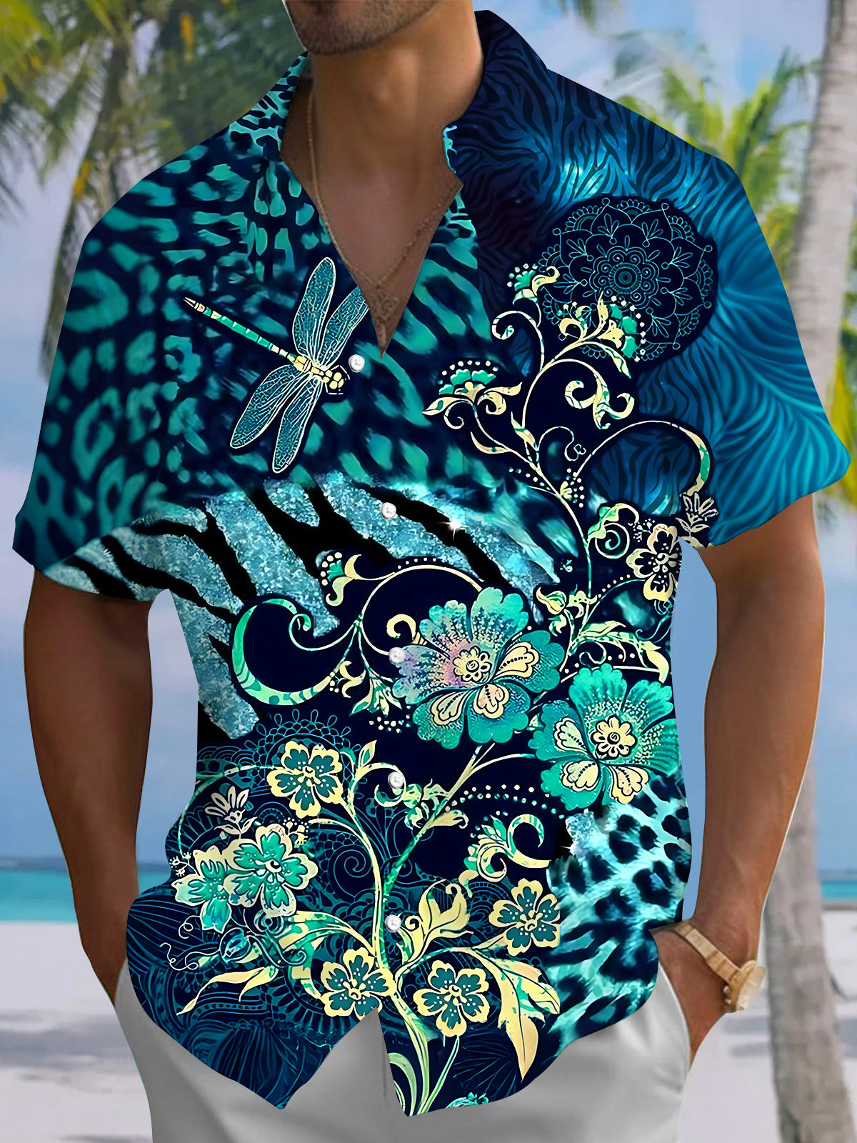 Dragonfly Floral Men's Pocket Short Sleeve Shirts