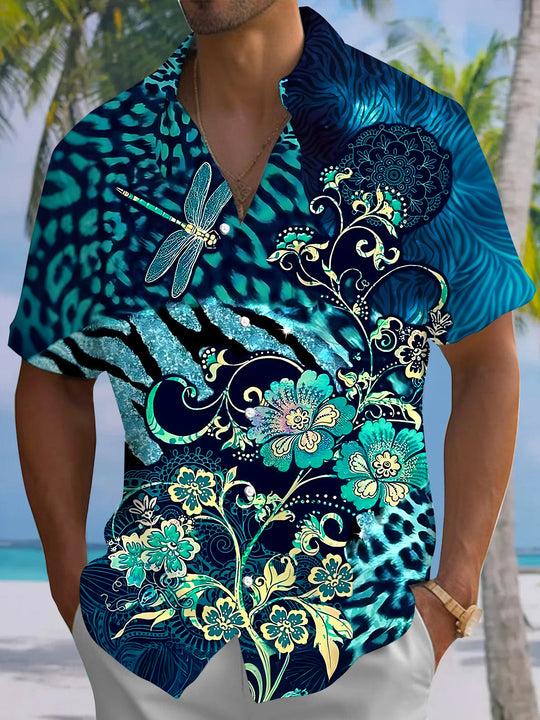 Dragonfly Floral Men's Pocket Short Sleeve Shirts
