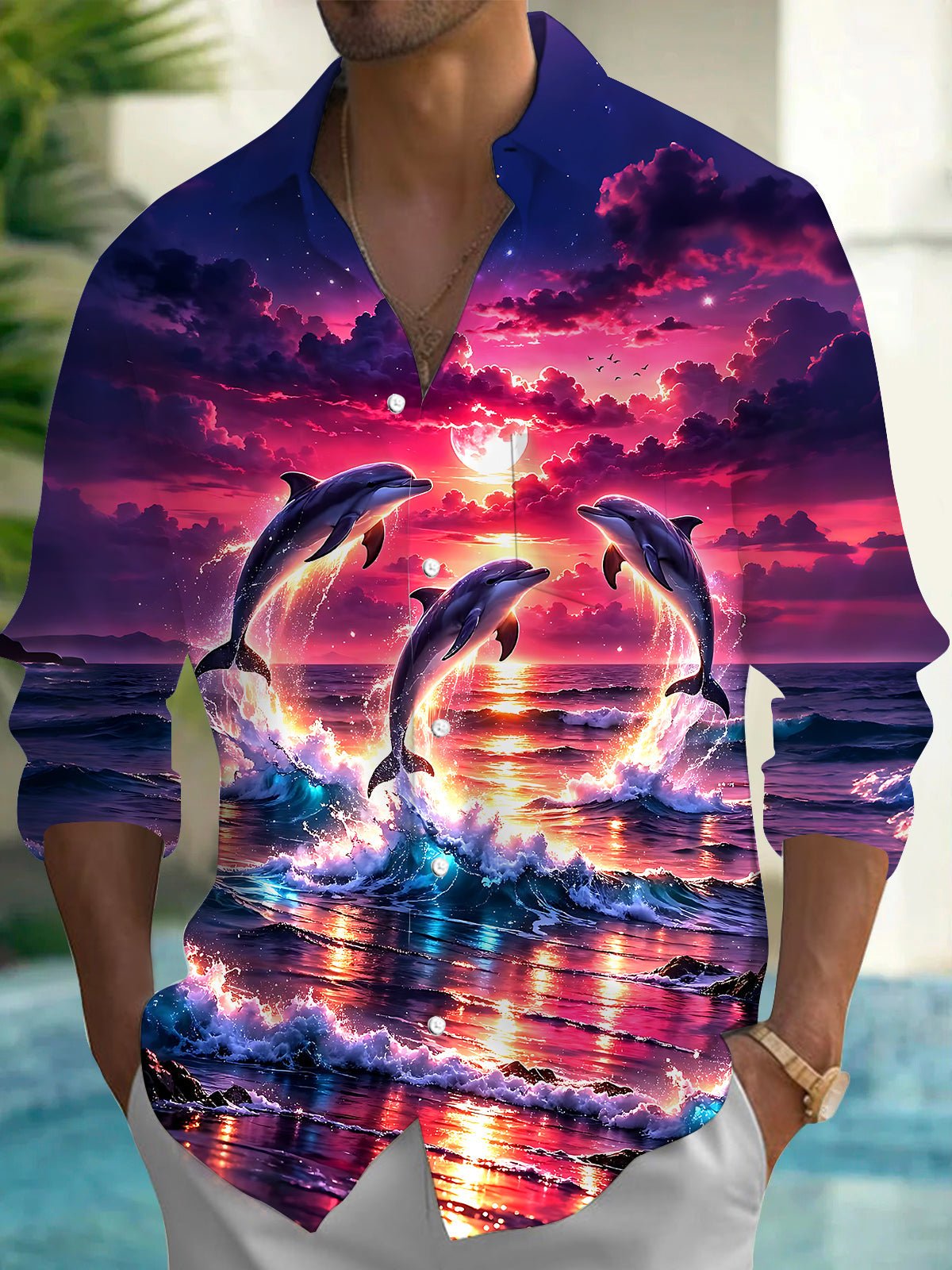 Hawaiian Dolphin Sunset Men's Pocket Long Sleeve Shirts
