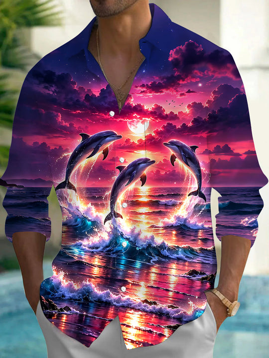 Hawaiian Dolphin Sunset Men's Pocket Long Sleeve Shirts